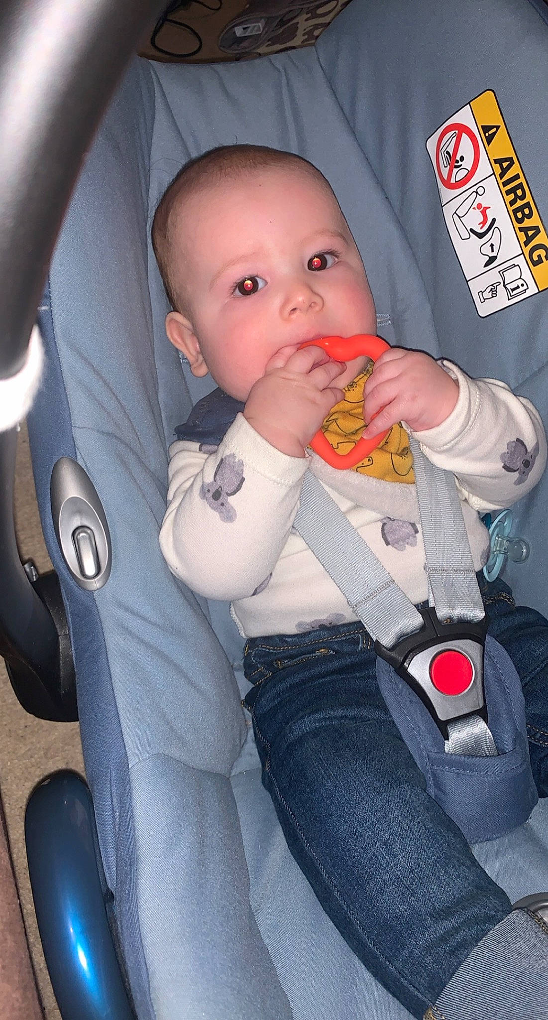 Teddy is registered to the contest to win money with this photo: arm, auto_part, baby, baby_carriage, baby_products, baby_toddler_clothing, car_seat, car_seat_cover, cheek, child, comfort, finger, hand, head, head_restraint, nail, person, seat_belt, steering_wheel, toddler