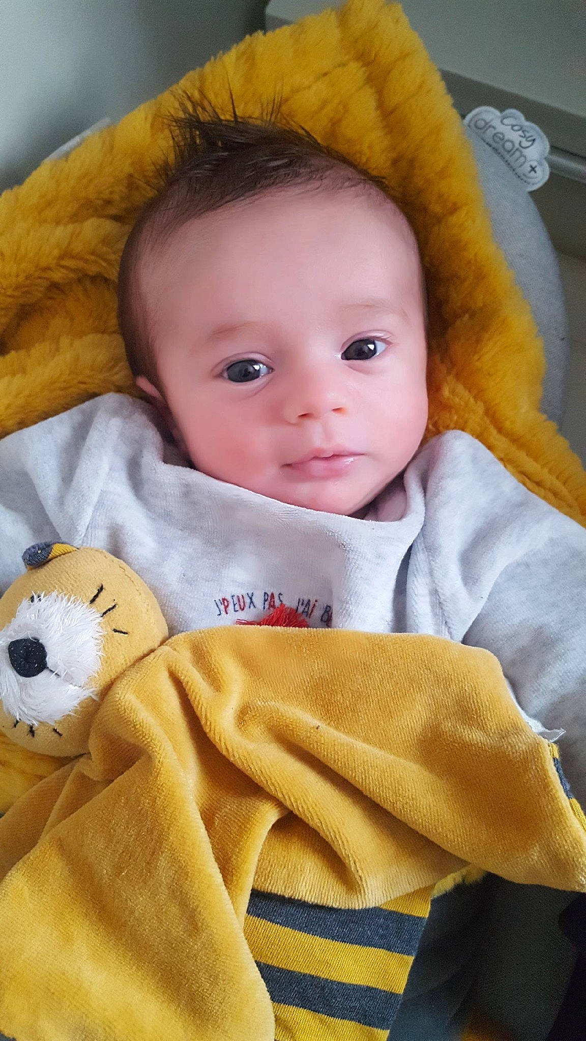 Maël a rejoint le concours — aidez-le/la à gagner de superbes lots ! baby, baby_products, baby_toddler_clothing, baby_toys, cheek, child, comfort, linens, lip, person, pleased, plush, stuffed_toy, textile, thread, toddler, toy, yellow