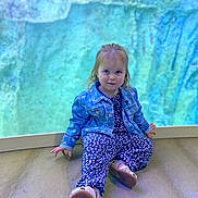 Eulalie participe au concours pour gagner de l'argent avec cette photo : blue_background, casual_clothing, child, curly_hair, cute, denim_jacket, floor, floral_jumpsuit, hands, indoor, light, looking_at_camera, person, portrait, shoes, sitting, small_child, smile, toddler, young_child
