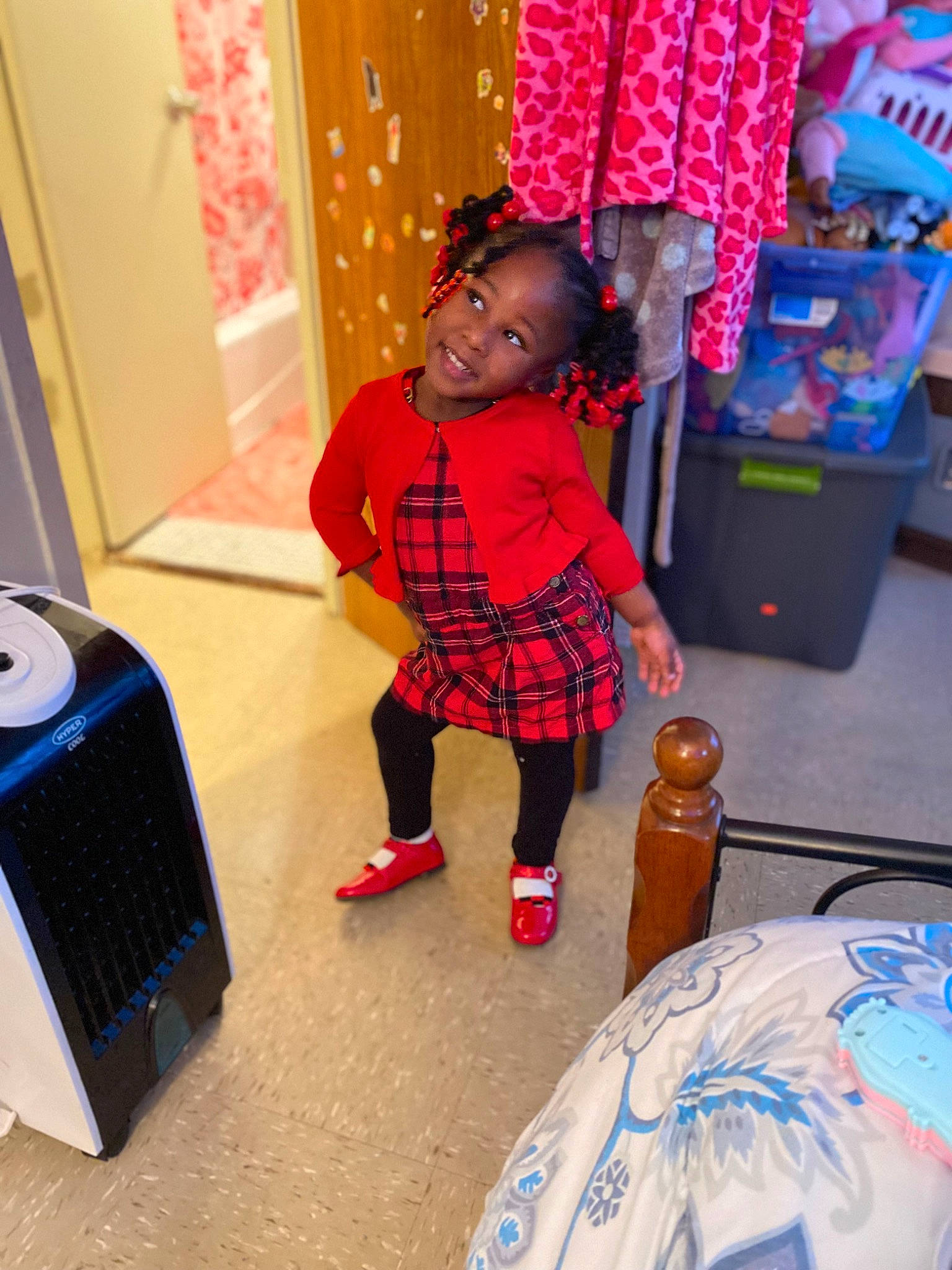 Krystal joined the competition — help win amazing prizes! audio_equipment, blue, child, design, event, flooring, fun, home_appliance, joy, magenta, output_device, pattern, person, pink, plaid, product, red, room, standing, tartan