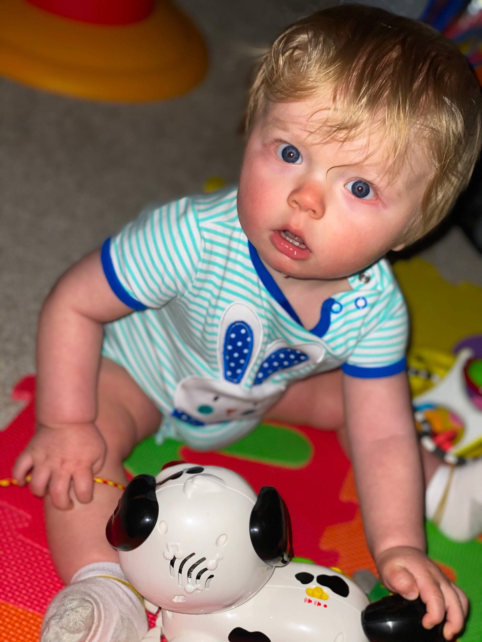 Grayson is registered to the contest to win money with this photo: baby, baby_playing_with_toys, baby_toddler_clothing, cheek, child, facial_expression, finger, fun, happy, head, mouth, nose, organ, person, playing_with_kids, product, skin, surprise, toddler, toy
