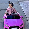 toddler, child, toy_car, pink_coat, pony_tail, sidewalk, outdoor, cute, pouty_face, audi, roadster, vehicle, playtime, small_car, person, winter_clothing, concrete, funny_expression, daylight, street
