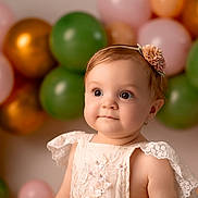 Maddie participe au concours pour gagner de l'argent avec cette photo : baby, toddler, child, portrait, face, headband, balloons, party, celebration, dress, lace, cute, innocent, smile, indoors, soft_light, closeup, decorations, happy, curious