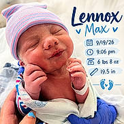 Lennox joined the competition — help win amazing prizes! newborn, baby, infant, portrait, sleeping, hospital, blanket, hat, beanie, striped_clothing, pink, blue, hands, wristband, birth_announcement, name_card, text_overlay, date, time, family_photo
