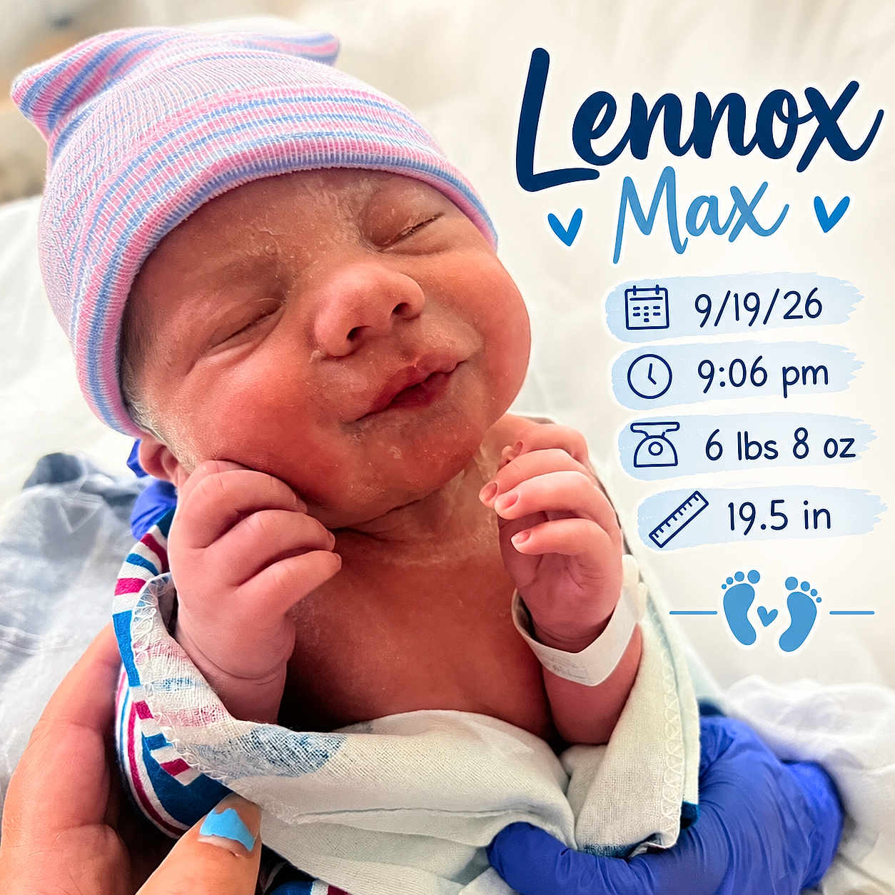 Lennox joined the competition — help win amazing prizes! newborn, baby, infant, portrait, sleeping, hospital, blanket, hat, beanie, striped_clothing, pink, blue, hands, wristband, birth_announcement, name_card, text_overlay, date, time, family_photo