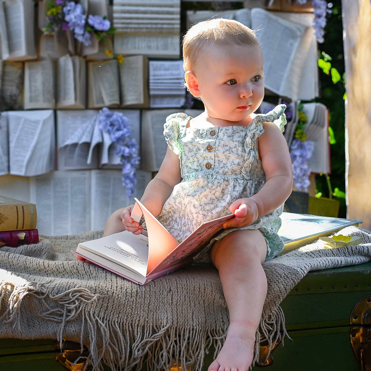 Zoey Jewels joined the competition — help win amazing prizes! baby, blanket, book, child, curious, decor, flowers, green_trunk, nature, open_books, outdoor, portrait, purple_flowers, reading, romper, soft_light, sunlight, toddler, trunk, vintage