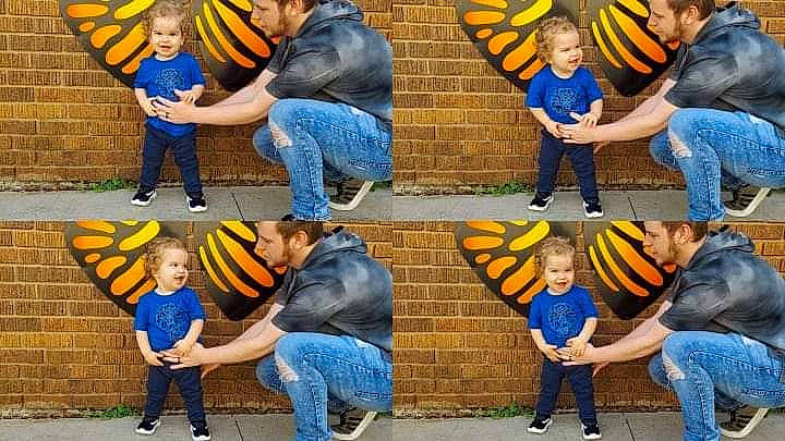 Conner is registered to the contest to win money with this photo: blue, clothing, entertainment, face, footwear, friendship, fun, gesture, happy, jeans, joy, leisure, orange, people, person, photograph, shoe, smile, sneakers, t_shirt