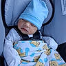 baby, sleeping, car_seat, blue_hat, blanket, teddy_bear_pattern, white_mittens, child, infant, cozy, resting, cute, peaceful, portrait, indoors, fabric, soft, comfort, strap, seat