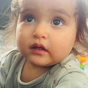 Devani is registered to the contest to win money with this photo: baby, candid, child, close_up, curious, cute, expression, eyes, face, floral_pattern, head, indoor, innocent, person, portrait, skin, soft_lighting, sweater, toddler, young_child