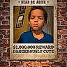 Damian is registered to the contest to win money with this photo: blue_shirt, brick_wall, child, curly_hair, face, framed_photo, front_facing, humor, indoor, photograph, portrait, poster, red_brick, reward, serious, typography, vintage, wall, wanted_poster, young_person