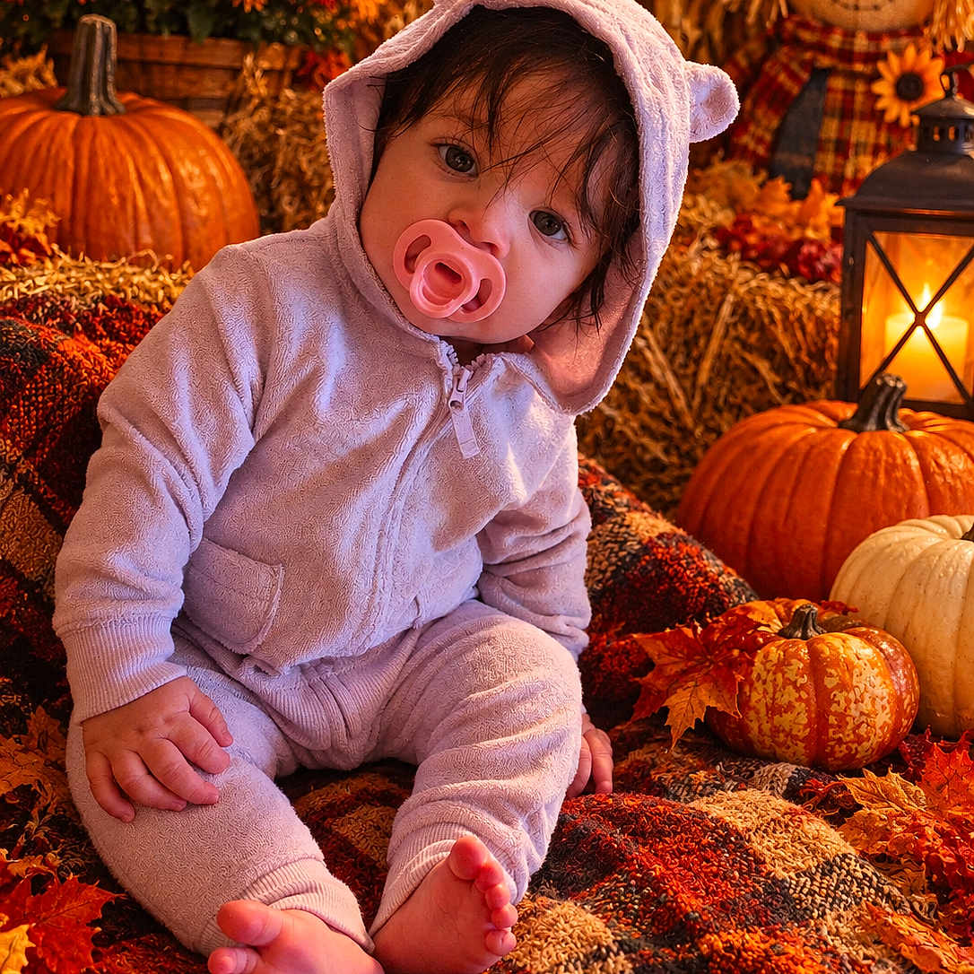Ava joined the competition — help win amazing prizes! baby, child, infant, portrait, sitting, pacifier, onesie, hood, bear_ears, autumn, fall, pumpkins, scarecrow, hay, leaves, flowers, harvest, lantern, cozy, indoor