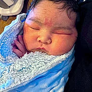 Daniel is registered to the contest to win money with this photo: newborn, baby, infant, sleeping, face, portrait, blanket, swaddled, blue_blanket, fuzzy_blanket, closed_eyes, peaceful, indoors, close_up, head, hair, cheeks, adult_holding_baby, cozy, photograph