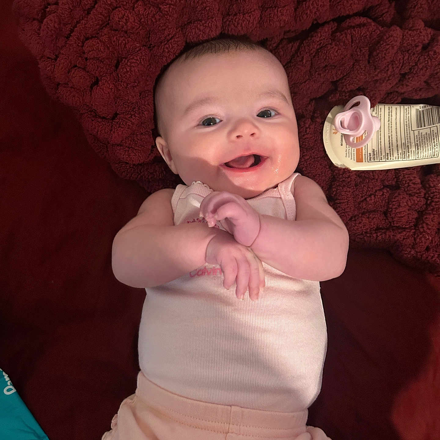 Aurora is registered to the contest to win money with this photo: baby, babylaughing, bodypart, bonnet, bottle, clothing, dress, face, finger, hand, happy, hat, head, laughing, newborn, person, photography, portrait, smile, towel