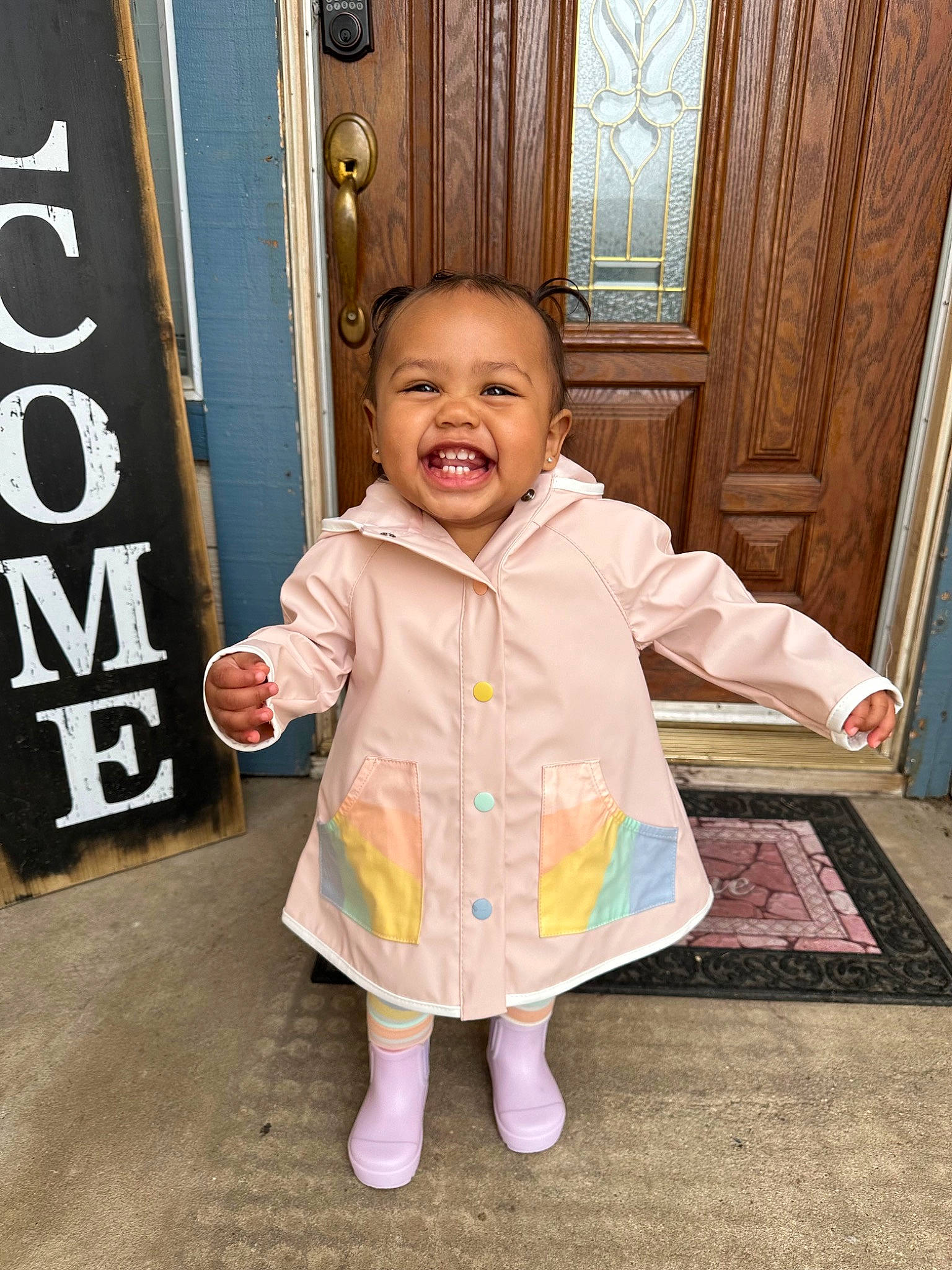 Esme joined the competition — help win amazing prizes! baby, baby_toddler_clothing, beauty, child, door, dress, flooring, fun, happy, hardwood, human, joy, magenta, pattern, person, pink, room, sleeve, smile, standing