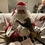 santa_claus, cat, tabby_cat, person, elderly_woman, indoor, couch, white_beard, red_suit, glasses, smile, hand, curly_hair, decor, painting, shelf, plant, white_gloves, festive, home