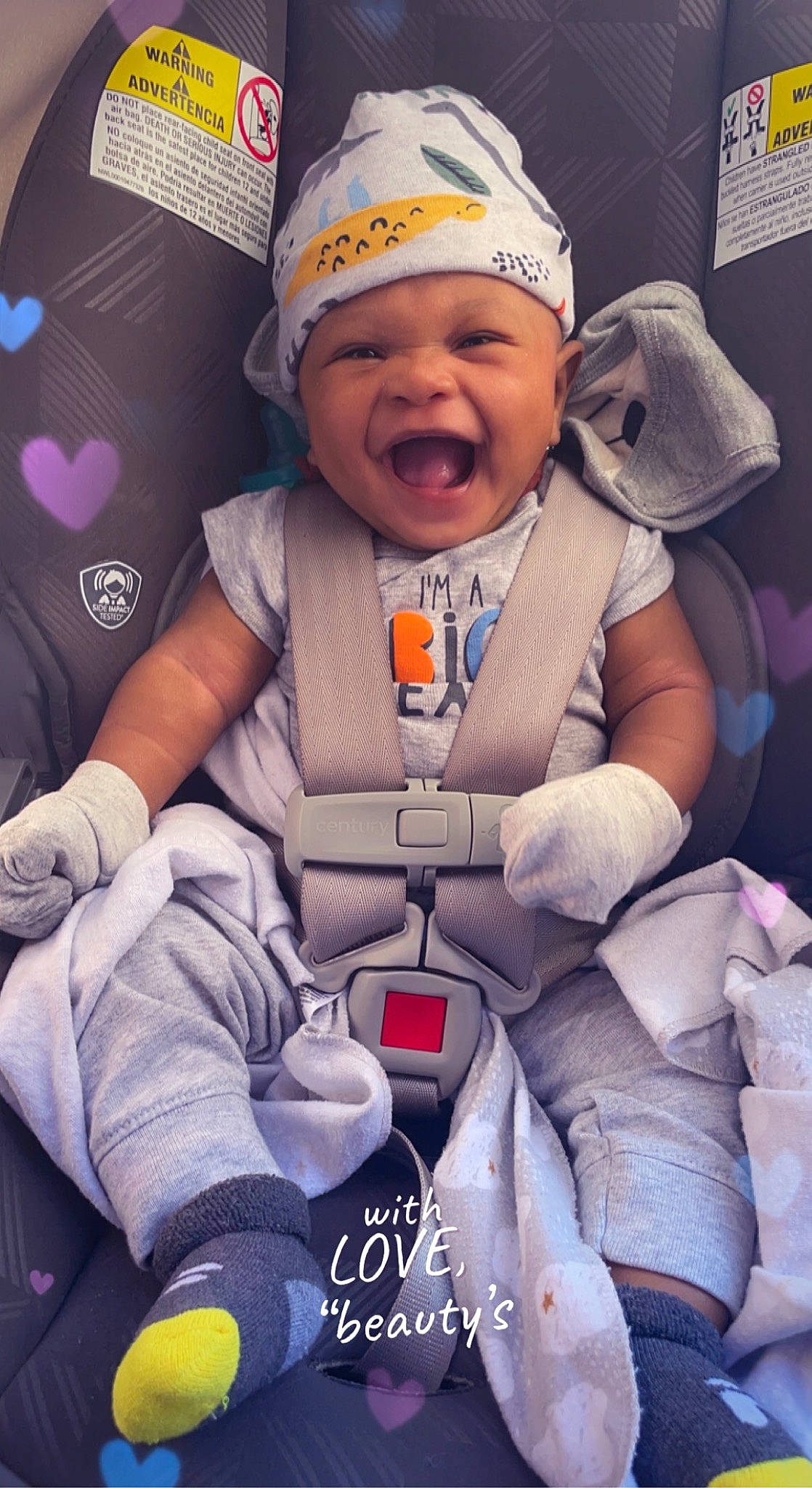 Cyaire is registered to the contest to win money with this photo: baby, baby_in_car_seat, baby_toddler_clothing, cap, car_seat, child, comfort, cool, electric_blue, event, fashion_accessory, fun, happy, headwear, person, pink, product, purple, service, smile