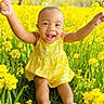 toddler, child, smiling, yellow_dress, sitting, flower_field, yellow_flowers, grass, nature, outdoor, happy, cute, baby, sunlight, greenery, summer, portrait, barefoot, playful, joyful