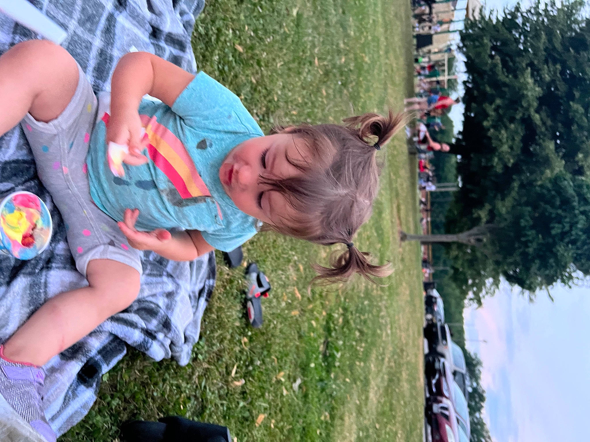 Alena is registered to the contest to win money with this photo: adventure, baby, child, fun, grass, green, leisure, people_in_nature, person, plant, play, recreation, shorts, sitting, sky, spring, t_shirt, toddler, tree, vacation