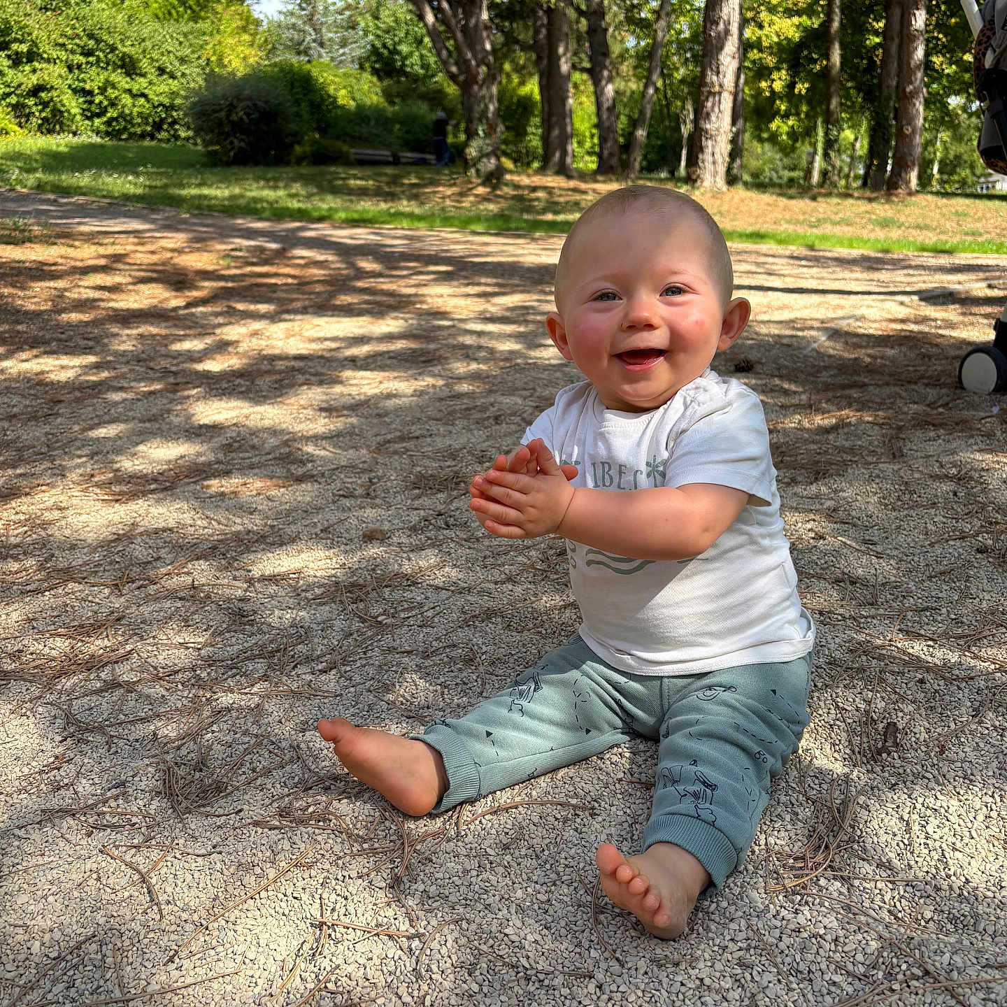 Eliott participe au concours pour gagner de l'argent avec cette photo : baby, barefoot, child, clapping, daylight, face, gravel, greenery, happy, nature, outdoor, pants, park, person, sitting, smiling, stroller, sunlight, trees, tshirt