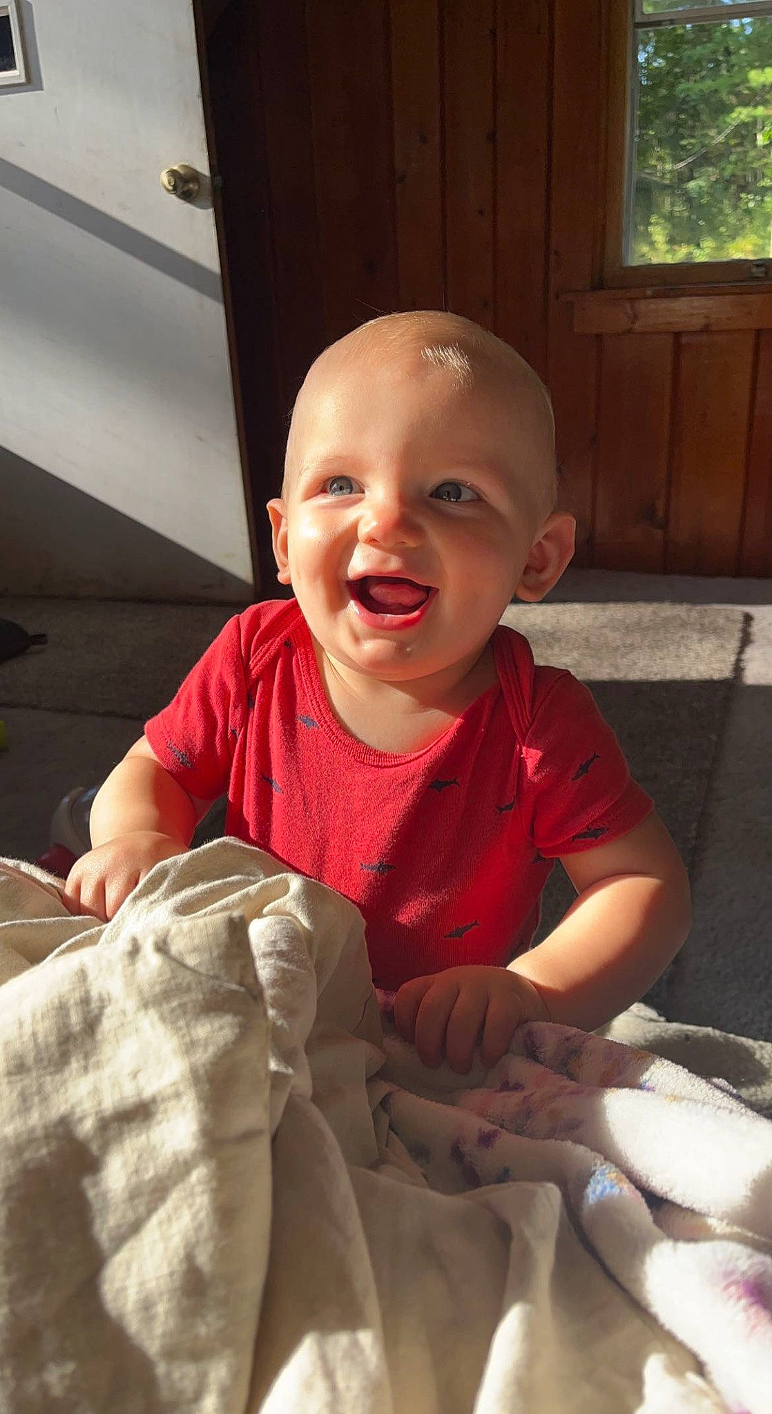 Brady is registered to the contest to win money with this photo: baby, baby_toddler_clothing, cheek, child, chin, comfort, flooring, gesture, happy, laugh, nose, person, sitting, skin, sleeve, smile, t_shirt, thumb, toddler, window
