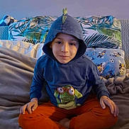 Kyo G participe au concours pour gagner de l'argent avec cette photo : child, boy, hoodie, frog_graphic, orange_pants, bed, blanket, pillow, indoor, casual_clothing, sitting, cross_legged, calm_expression, young, cozy, soft_lighting, cartoon_pillow, leafy_pattern, relaxed, portrait