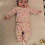 Cataleya joined the competition — help win amazing prizes! baby, infant, curly_hair, pink_clothing, dots, crib, bed, sheet, toy, golden_tips, lying_down, calm, child, indoors, soft_toys, cute, small_hands, patterned_sheet, cozy, sleepwear