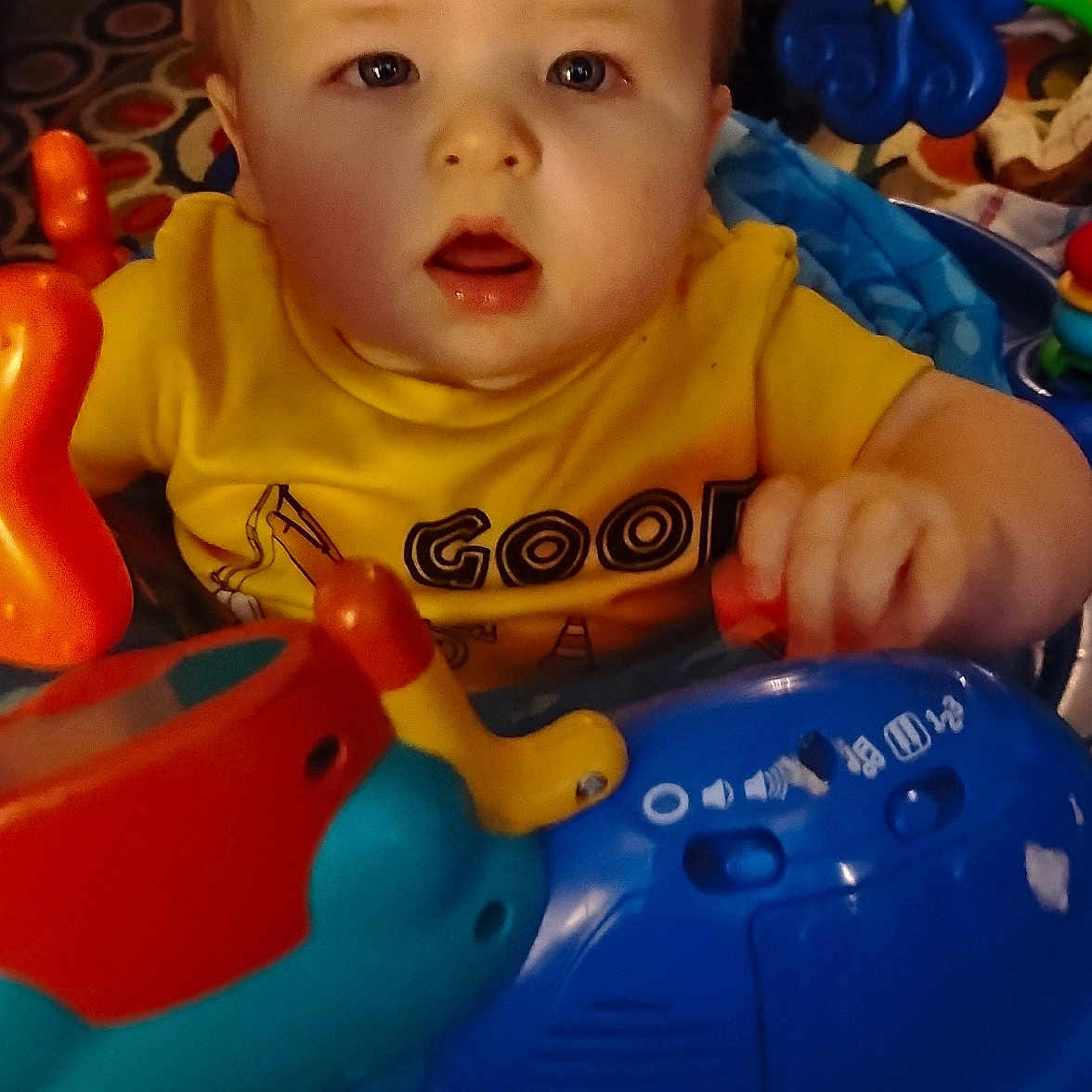 Phoenix participe au concours pour gagner de l'argent avec cette photo : baby, blue_toy, child, closeup, colorful, curious, expression, face, hands, home, indoor, infant, octopus_toy, patterned_rug, person, play_area, playtime, toys, yellow_shirt, young_child