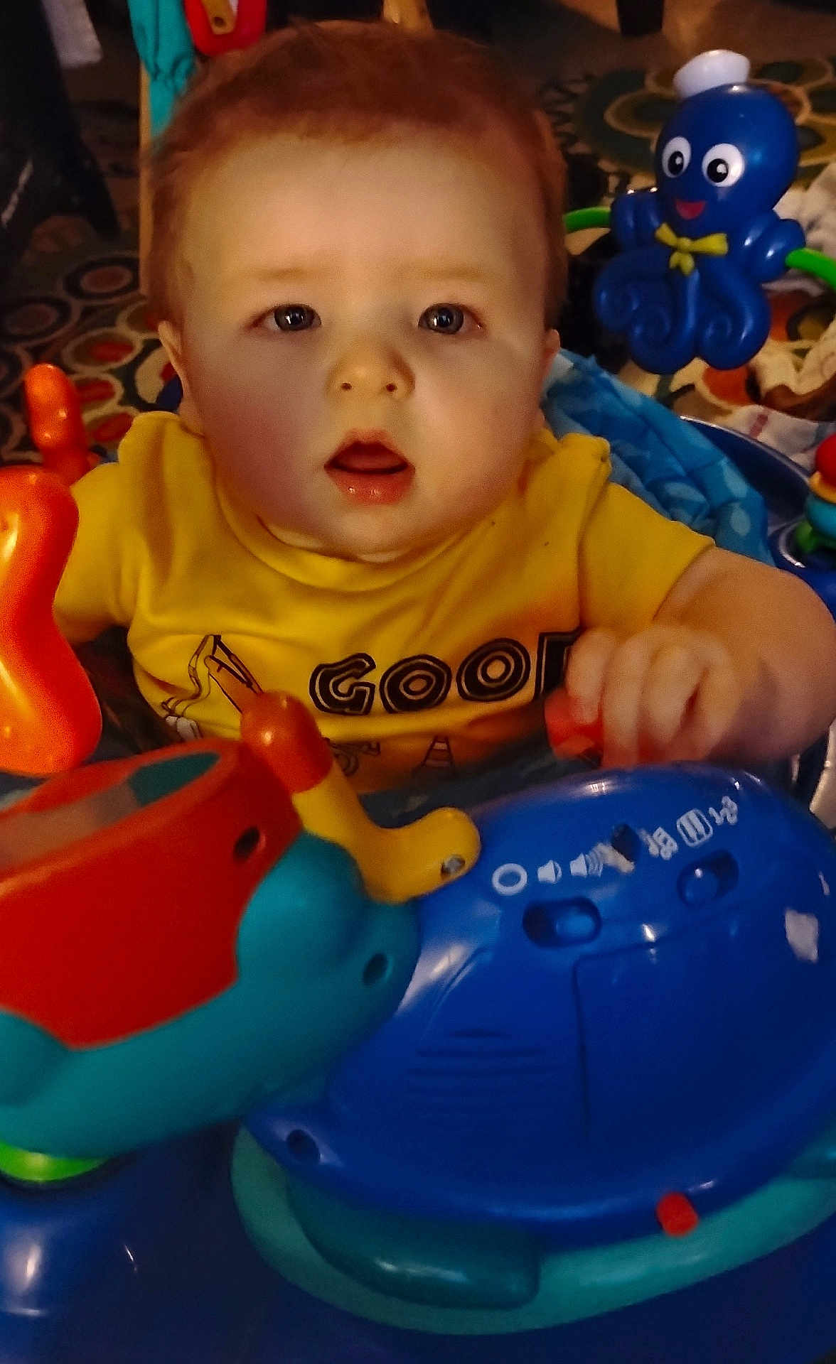 Phoenix participe au concours pour gagner de l'argent avec cette photo : baby, blue_toy, child, closeup, colorful, curious, expression, face, hands, home, indoor, infant, octopus_toy, patterned_rug, person, play_area, playtime, toys, yellow_shirt, young_child