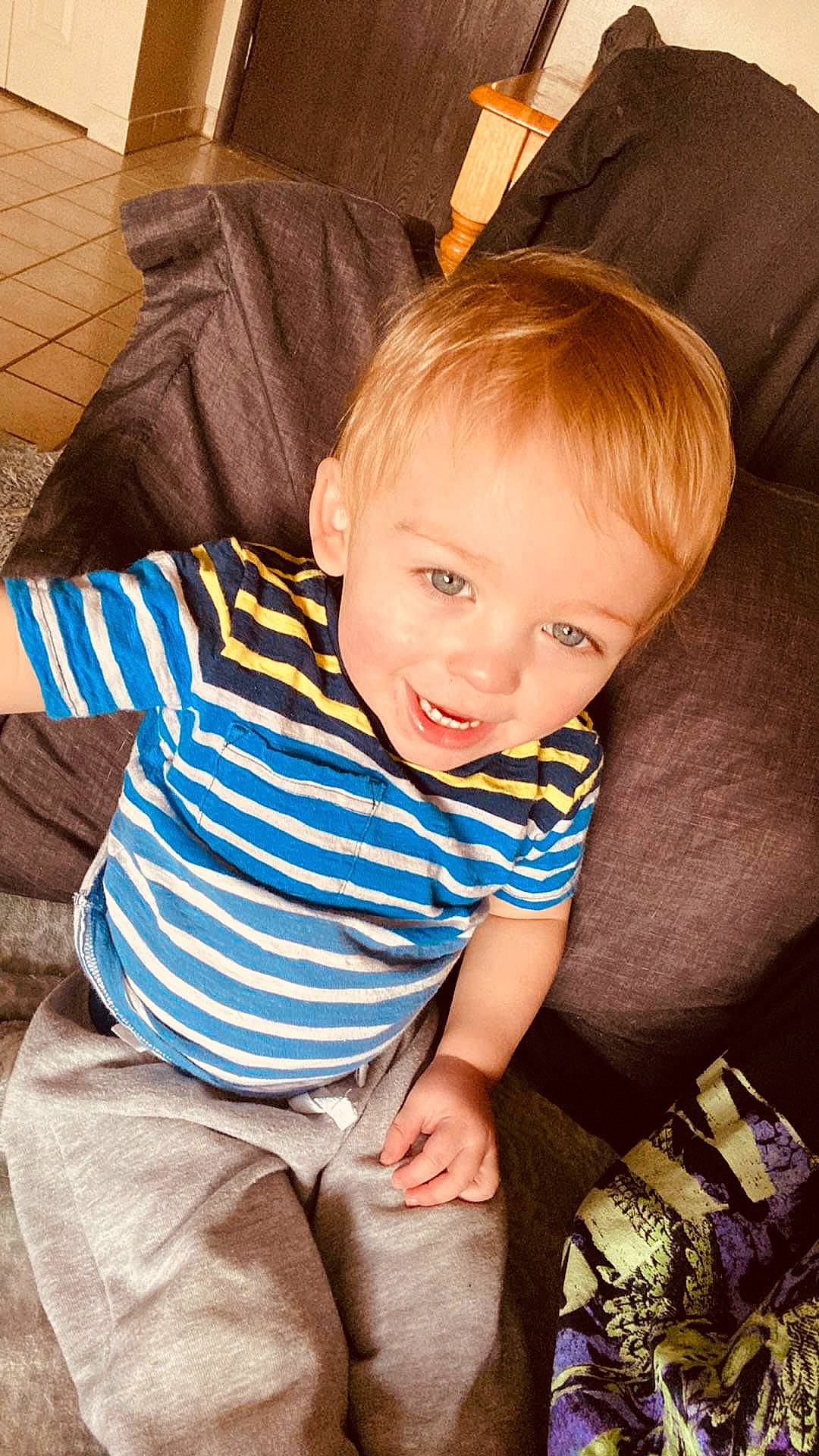 Major joined the competition — help win amazing prizes! baby_toddler_clothing, cheek, child, comfort, couch, eye, face, flooring, fun, hand, happy, head, iris, leg, living_room, person, skin, sleeve, smile, toddler