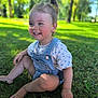 toddler, child, smiling, barefoot, denim_overalls, heart_pattern, grass, outdoor, park, sunlight, trees, greenery, happy, cute, sitting, person, nature, daylight, face, young_child