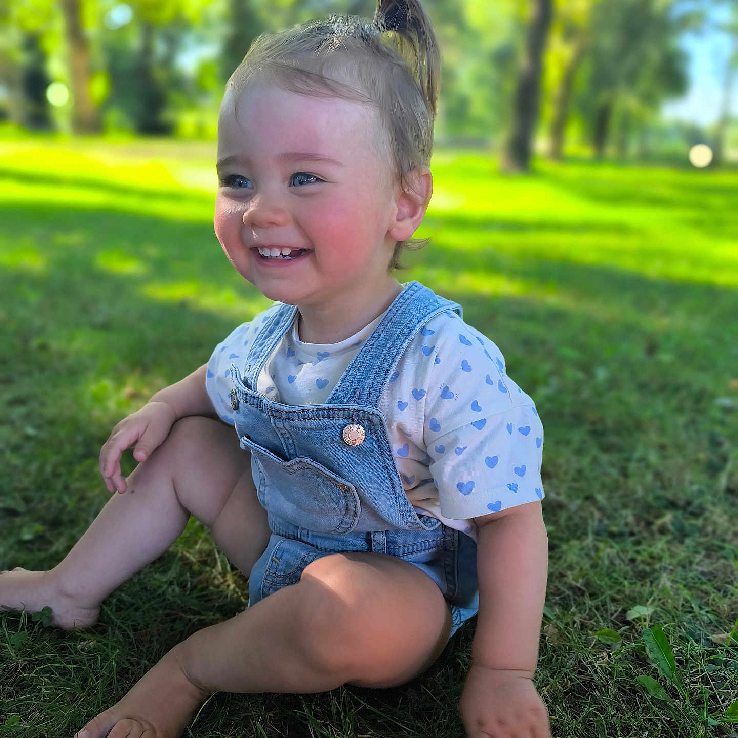 éléna participe au concours pour gagner de l'argent avec cette photo : barefoot, child, cute, daylight, denim_overalls, face, grass, greenery, happy, heart_pattern, nature, outdoor, park, person, sitting, smiling, sunlight, toddler, trees, young_child