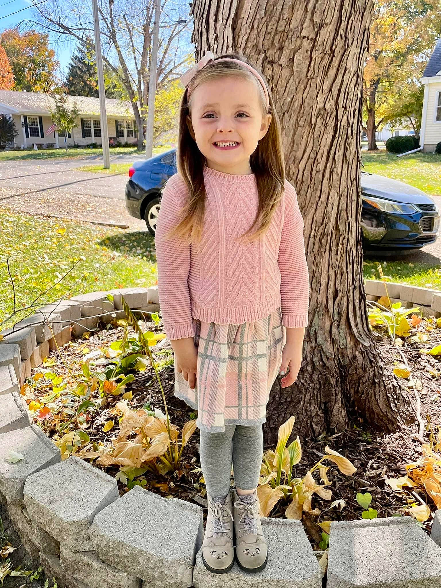 Ensley joined the competition — help win amazing prizes! blond, brown_hair, car, child, garden, grass, happy, joy, leggings, leisure, long_hair, pattern, people_in_nature, person, plant, smile, spring, textile, toddler, tree