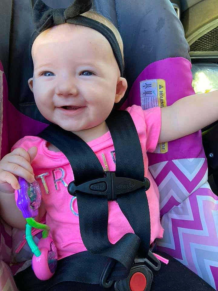 Melody joined the competition — help win amazing prizes! baby, baby_carriage, baby_in_car_seat, baby_toddler_clothing, black, car_seat, comfort, finger, happy, magenta, person, pink, product, purple, seat_belt, skin, sleeve, smile, textile, toddler
