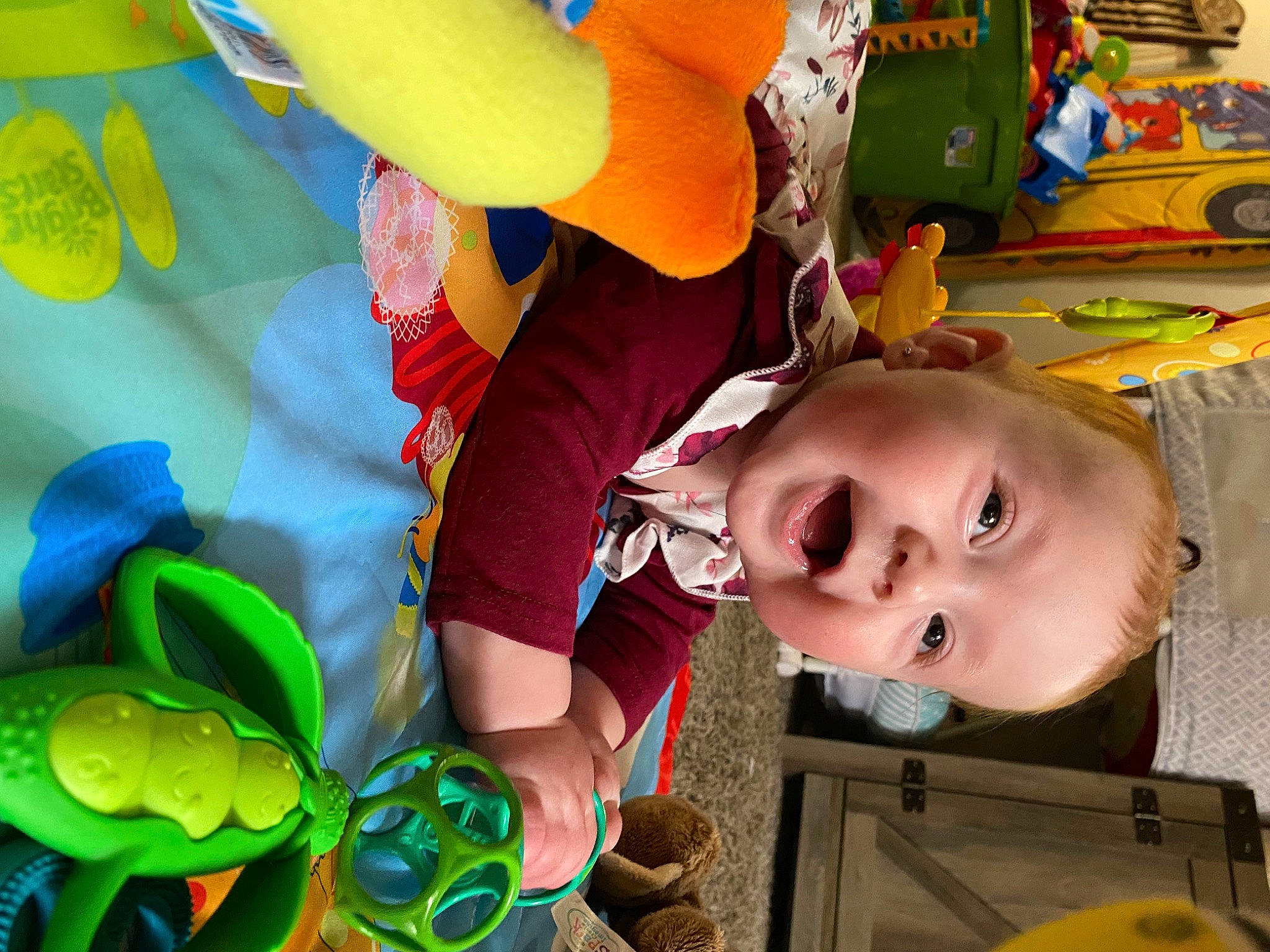 Emily is registered to the contest to win money with this photo: baby, baby_products, baby_toys, child, fun, green, happy, leaf, leisure, mouth, person, photograph, recreation, room, smile, snapshot, stuffed_toy, textile, toddler, toy