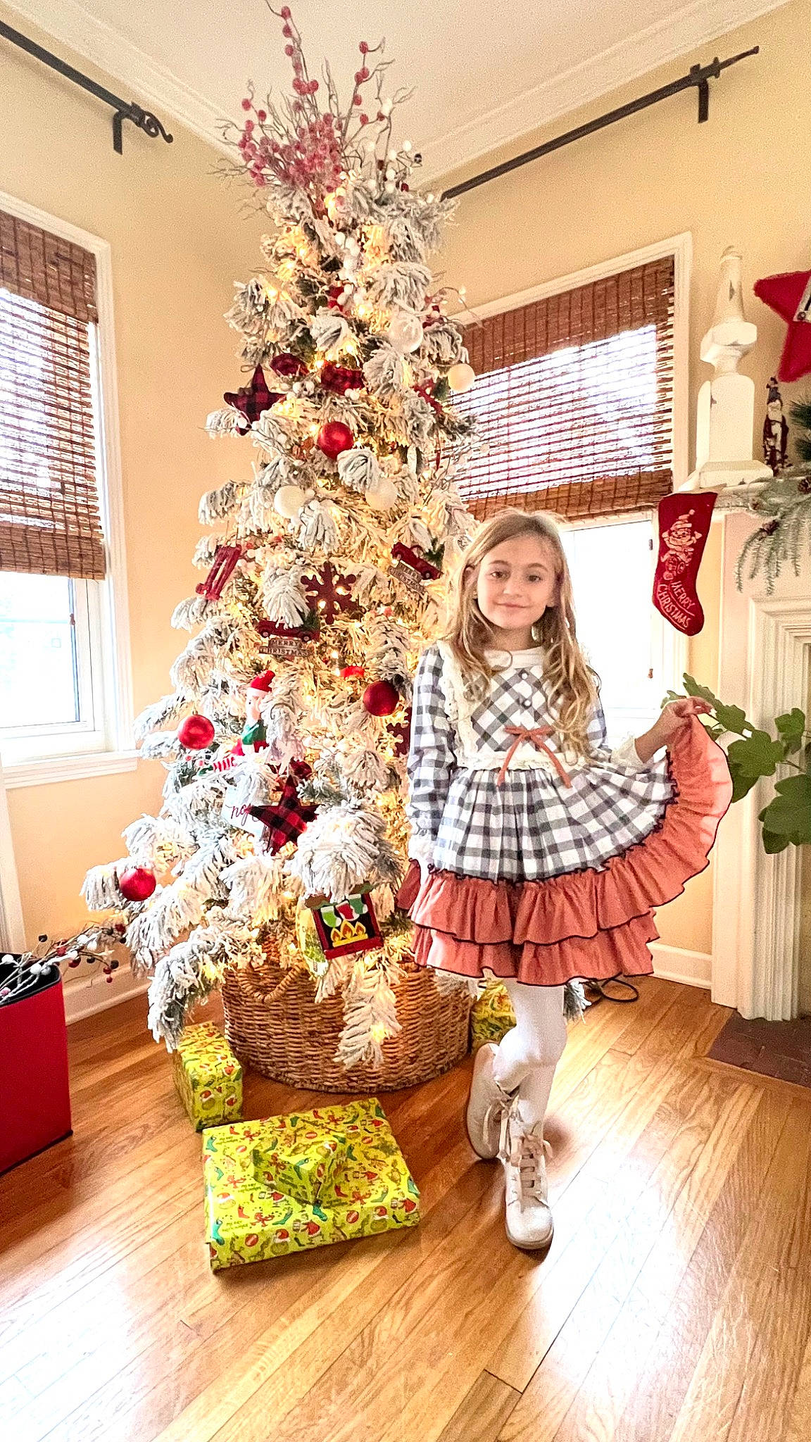 Vivian is registered to the contest to win money with this photo: christmas, christmas_decoration, christmas_eve, christmas_ornament, christmas_tree, event, evergreen, happy, holiday, holiday_ornament, joy, ornament, pattern, person, plaid, plant, tartan, tree, window, winter