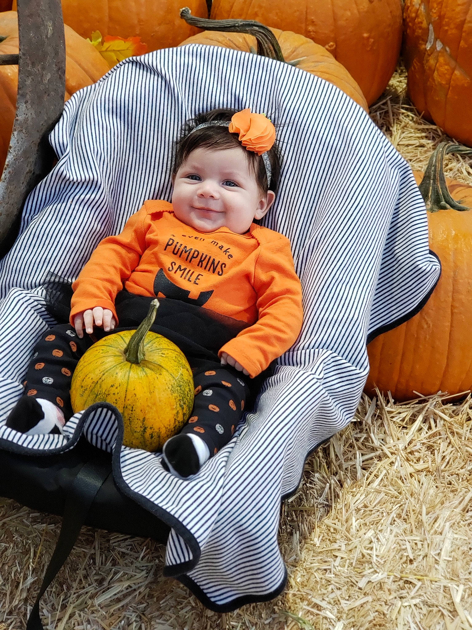 Aleyah joined the competition — help win amazing prizes! autumn, baby, calabaza, child, cucurbita, food, fruit, gourd, joy, leaf, orange, person, plant, pumpkin, sitting, squash, toddler, vegetable, winter_squash