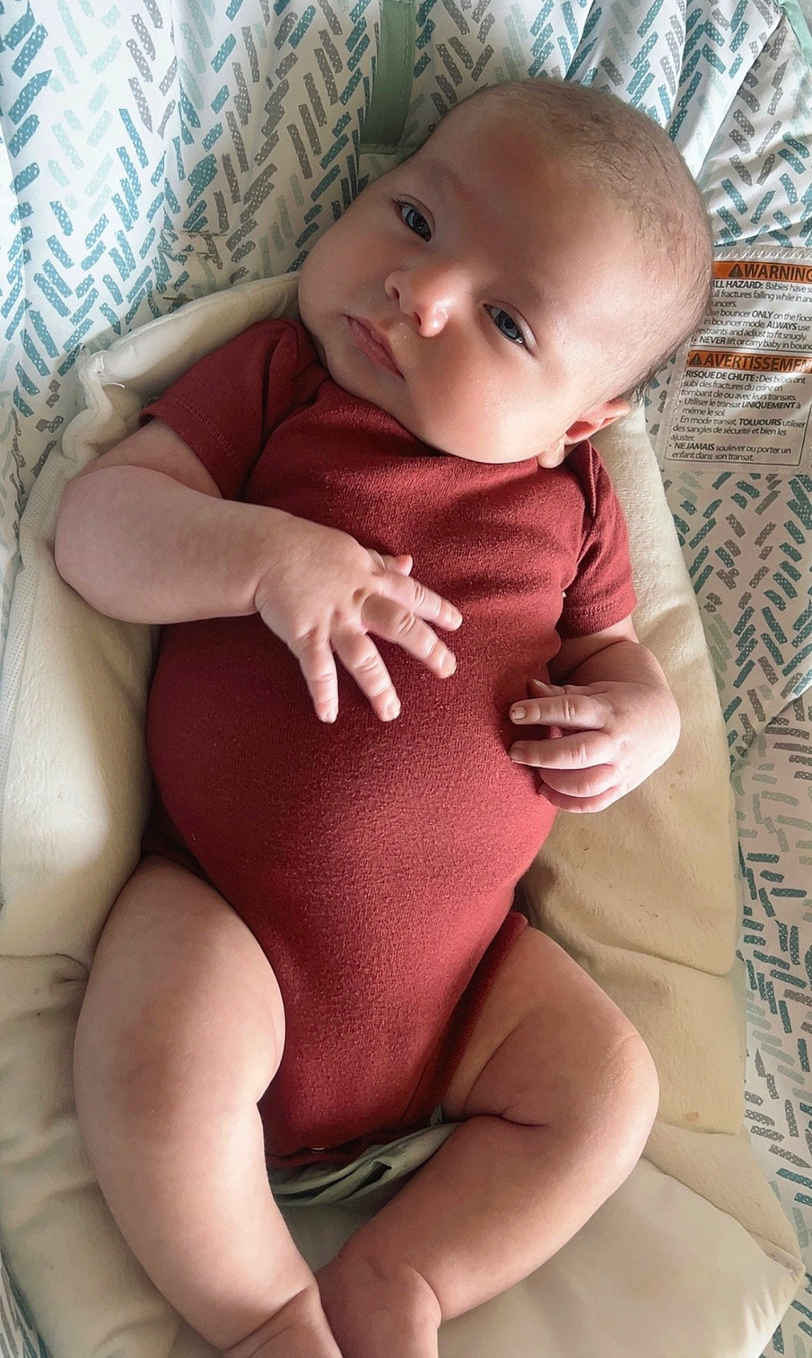 Michael is registered to the contest to win money with this photo: baby, baby_bouncer, blanket, bouncer, child, chubby, cute, eyes, face, hands, infant, legs, lying_down, nose, onesie, patterned_bedding, red_onesie, skin, soft_lighting, warning_label