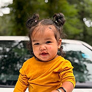 Anaya joined the competition — help win amazing prizes! blurred_background, bracelet, brown_eyes, car, child, closeup, dark_hair, daylight, earring, fashion, greenery, hair_buns, happy, outdoor, portrait, sitting, smiling, toddler, vehicle, yellow_shirt