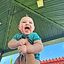 baby, child, smiling, happy, hands, holding, outdoor, sky, pavilion, green_roof, person, cute, expression, blue_sky, daylight, clothing, short_sleeves, infant, nature, fun
