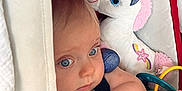 Abby a rejoint le concours — aidez-le/la à gagner de superbes lots ! baby, blanket, blue_eyes, car_seat, child, closeup, comfort, cute, face, infant, person, pink, plush_toy, seatbelt, snuggle, soft_toy, toddler, toy, unicorn, white