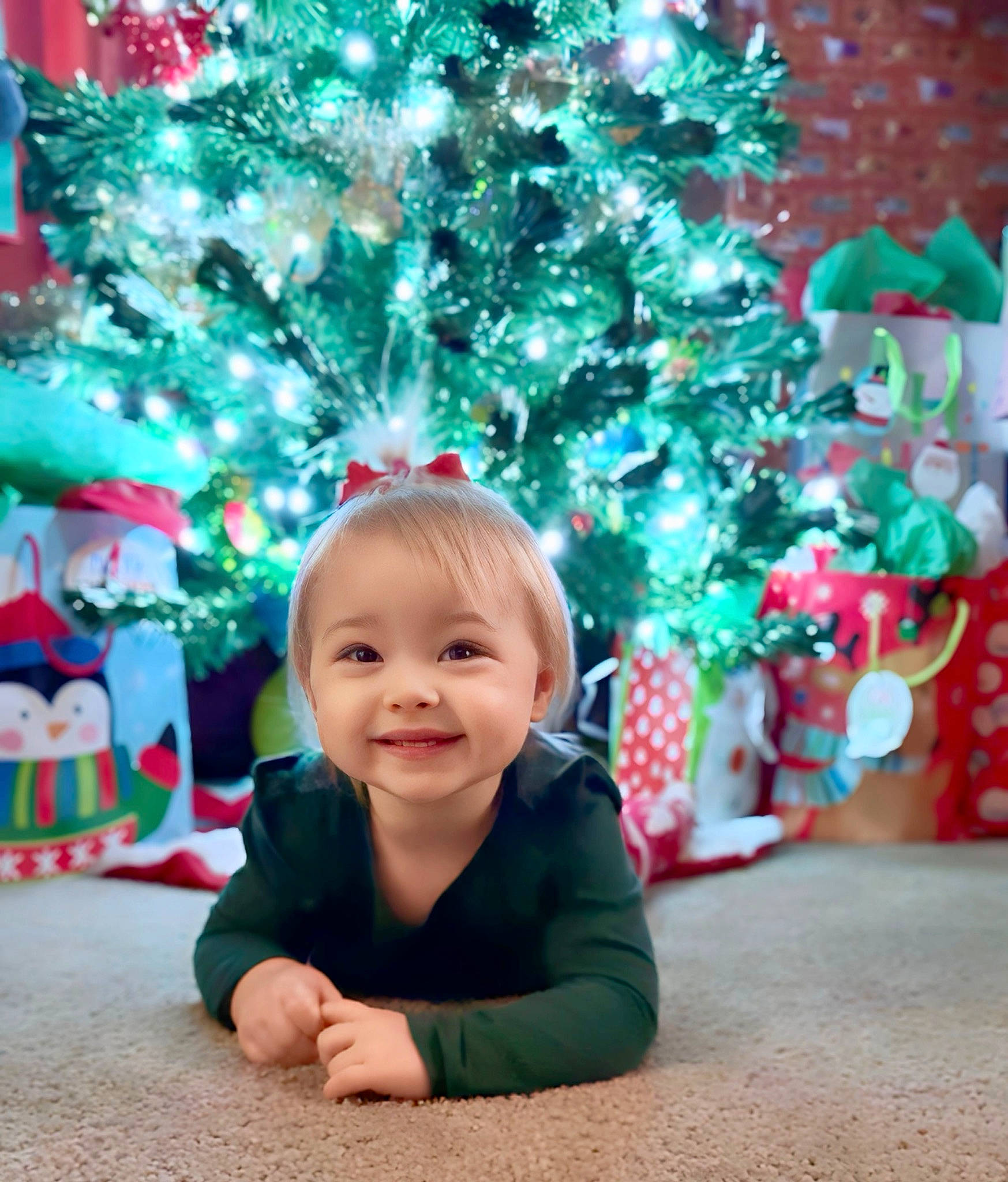 Skye joined the competition — help win amazing prizes! baby, branch, christmas_decoration, christmas_ornament, christmas_tree, event, evergreen, green, happy, holiday, holiday_ornament, joy, leaf, ornament, person, photograph, plant, smile, snapshot, toddler