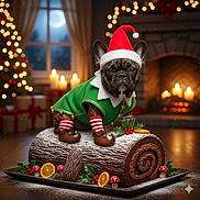 Yoda a rejoint le concours — aidez-le/la à gagner de superbes lots ! candles, christmas_costume, christmas_tree, cozy, dog, elf_outfit, festive, fireplace, french_bulldog, holiday_decor, holly, indoor, mushrooms, night, orange_slices, powdered_sugar, santa_hat, striped_socks, wooden_table, yule_log_cake