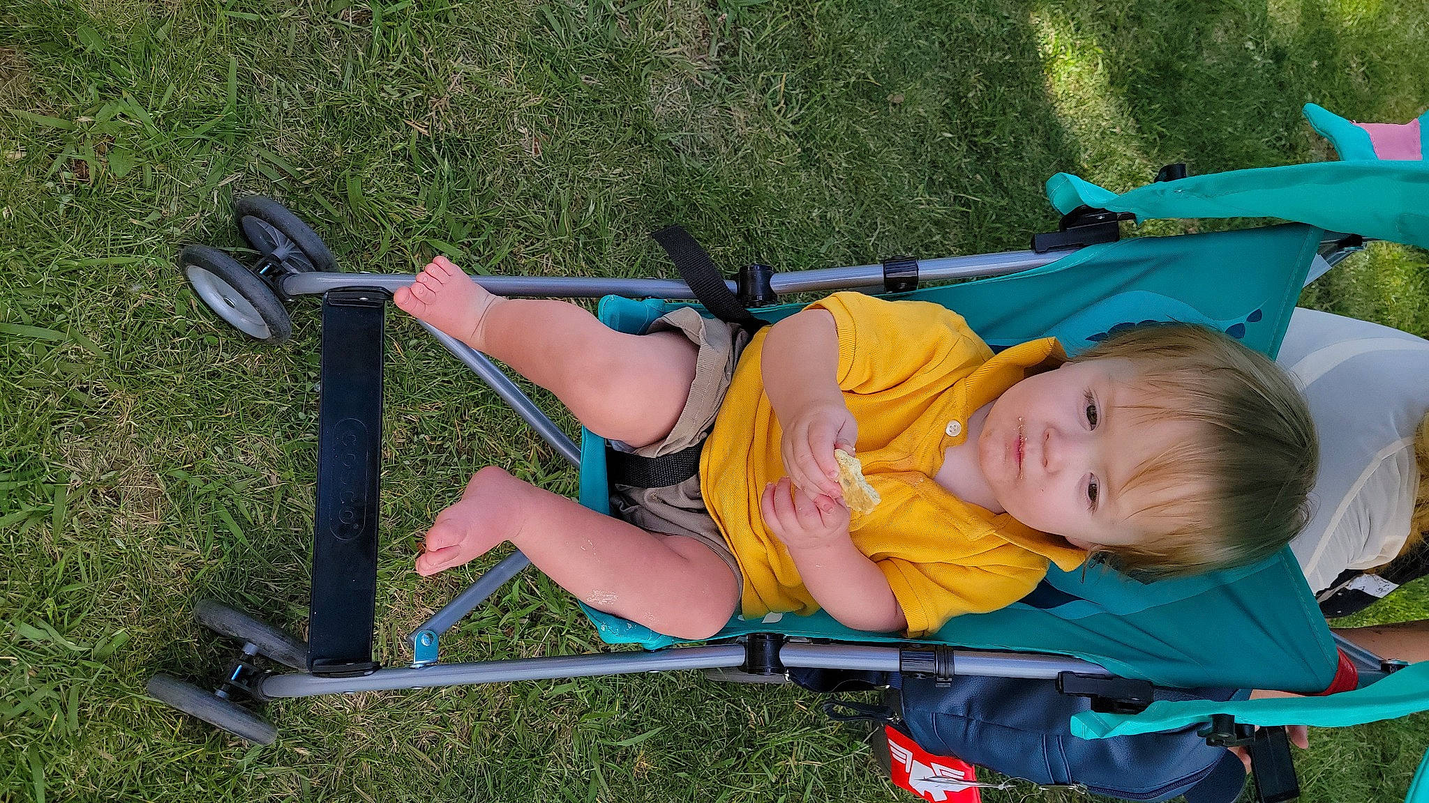 Ezra joined the competition — help win amazing prizes! baby_products, baby_toddler_clothing, chair, child, comfort, electric_blue, fun, grass, green, lap, leisure, musical_instrument, person, plant, recreation, shorts, smile, tire, toddler, wheel
