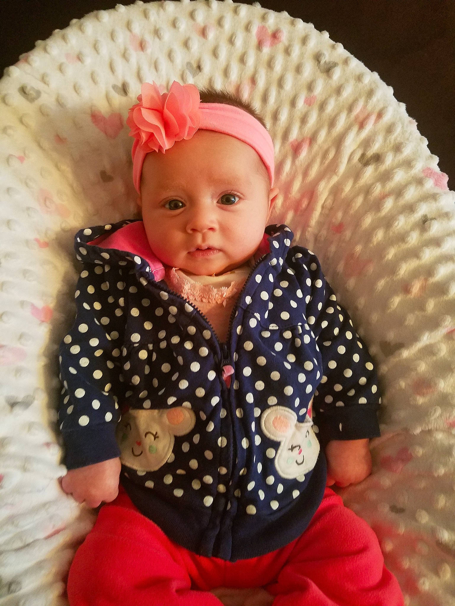 Brooke joined the competition — help win amazing prizes! baby, baby_products, baby_toddler_clothing, cheek, child, design, hair_accessory, headgear, outerwear, pattern, person, pink, polka_dot, product, skin, sleeve, smile, toddler