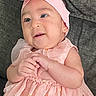 baby, infant, girl, pink_dress, headband, flower, cute, smiling, portrait, child, sitting, happy, indoors, clothing, fashion, cute_outfit, baby_fashion, toddler, young_child, adorable