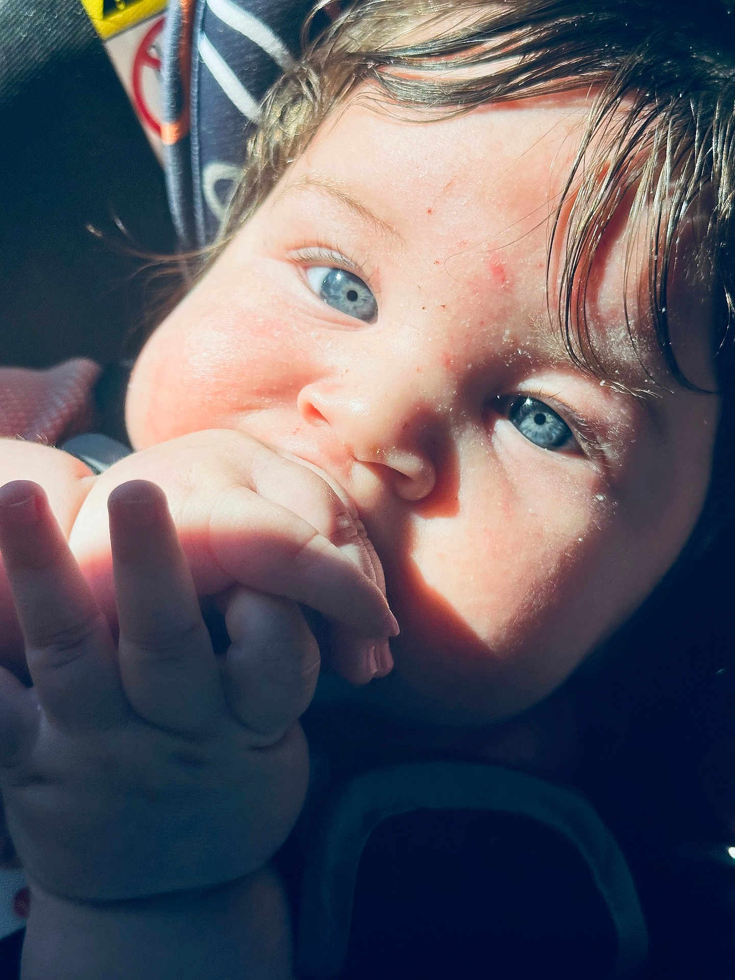 Elliam is registered to the contest to win money with this photo: baby, infant, close_up, blue_eyes, hand, fingers, mouth, face, portrait, sunlight, shadow, cheek, hair, car_seat, skin, eyelashes, teething, adorable, palm, candid