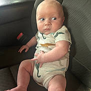 Maddox joined the competition — help win amazing prizes! baby, infant, car_seat, dinosaur_print, onesie, child, cute, looking_away, car_interior, seatbelt, chubby_legs, curious, casual, portrait, sitting, young_child, indoors, expression, human, skin