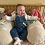 Luna participe au concours pour gagner de l'argent avec cette photo : baby, infant, child, denim_overalls, smile, crib, plush_toy, pink_bunny, teddy_bear, nursing_pillow, blanket, socks, wooden_rail, nursery, portrait, cozy, happy, rosy_cheeks, indoor, seated