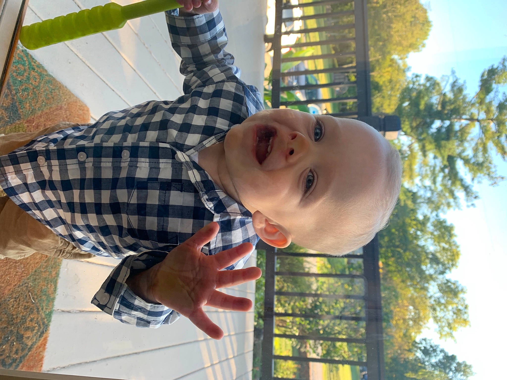 Talon is registered to the contest to win money with this photo: child, eyewear, fun, happy, hat, house, leisure, pattern, person, plaid, plant, sky, smile, sun_hat, sunglasses, t_shirt, tartan, toddler, tree, vacation
