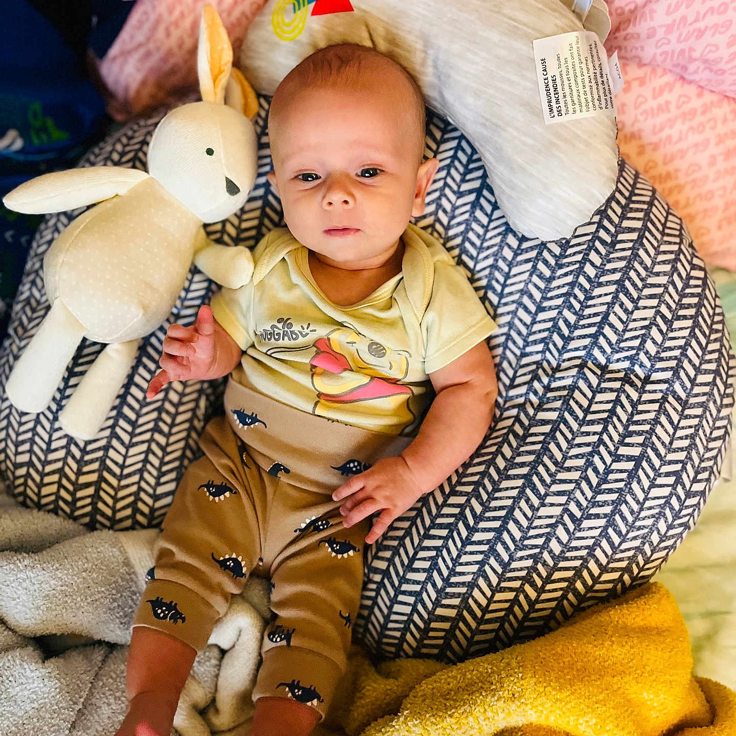 Noah is registered to the contest to win money with this photo: baby, blanket, child, clothing, cozy, cute, face, foot, hand, indoors, infant, lying_down, patterned_pillow, person, pillow, rabbit_toy, relaxed, soft_toy, stuffed_toy, yellow_blanket